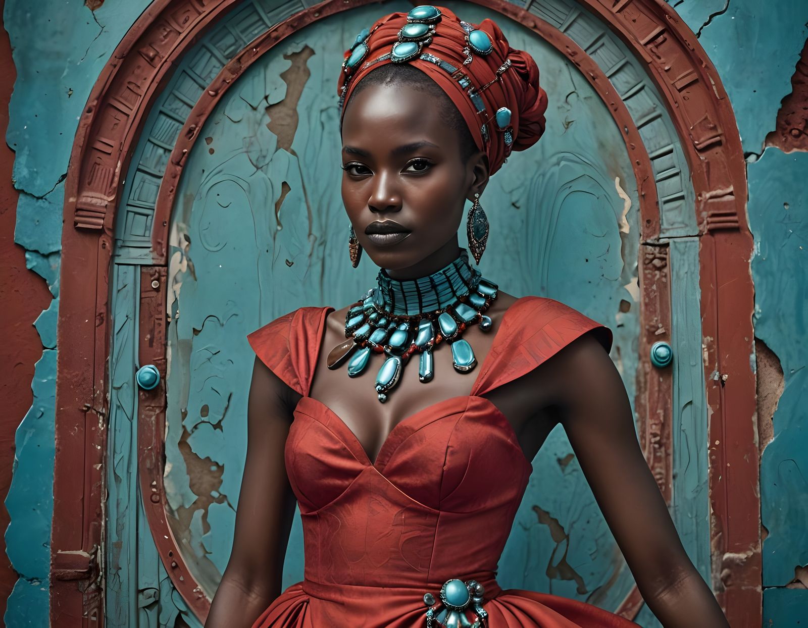 Exquisite Portrait of a Dark-Skinned Queen in a Vibrant Red....