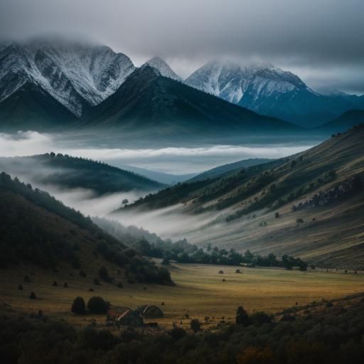 Misty Mountain Landscape with Roaming Wildlife