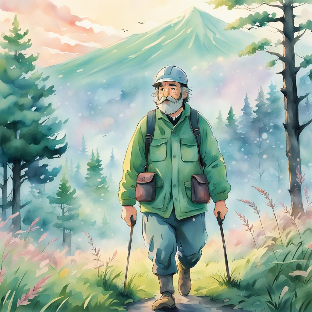 Geologist Walks Through Meadow in Ghibli Anime Style
