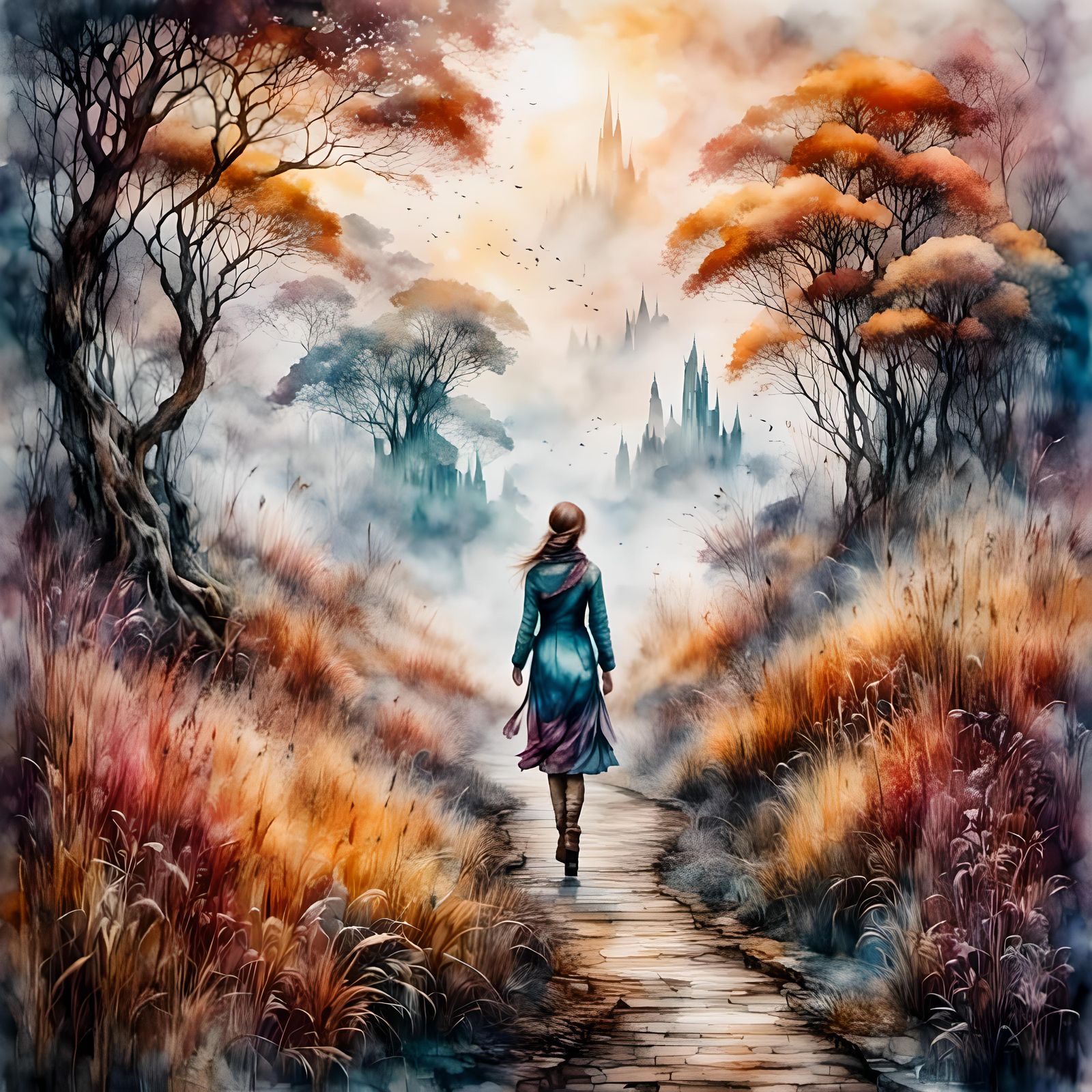 a woman walking on a path in a misty landscape