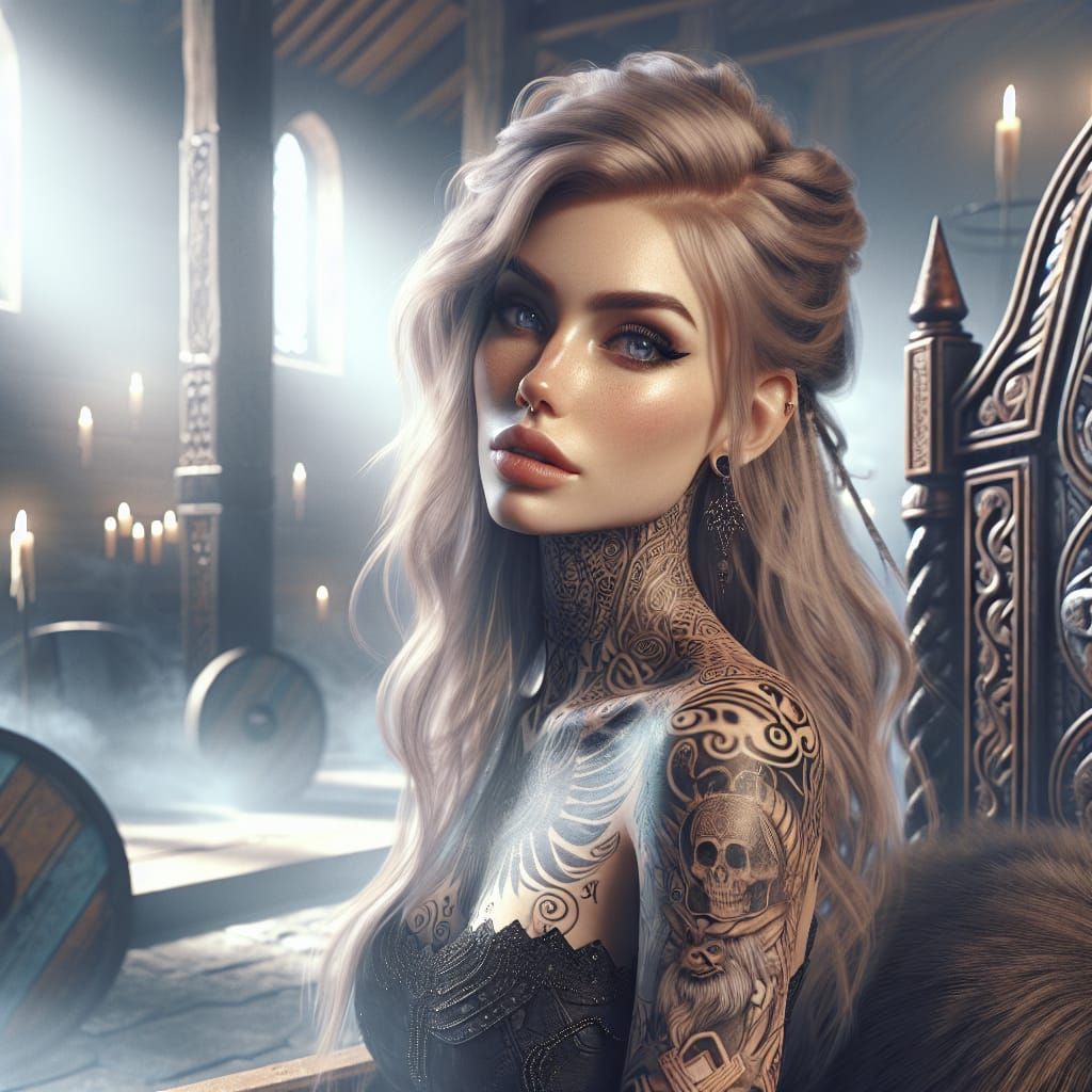 Stunning Tattooed Norse Goddess on Viking Throne