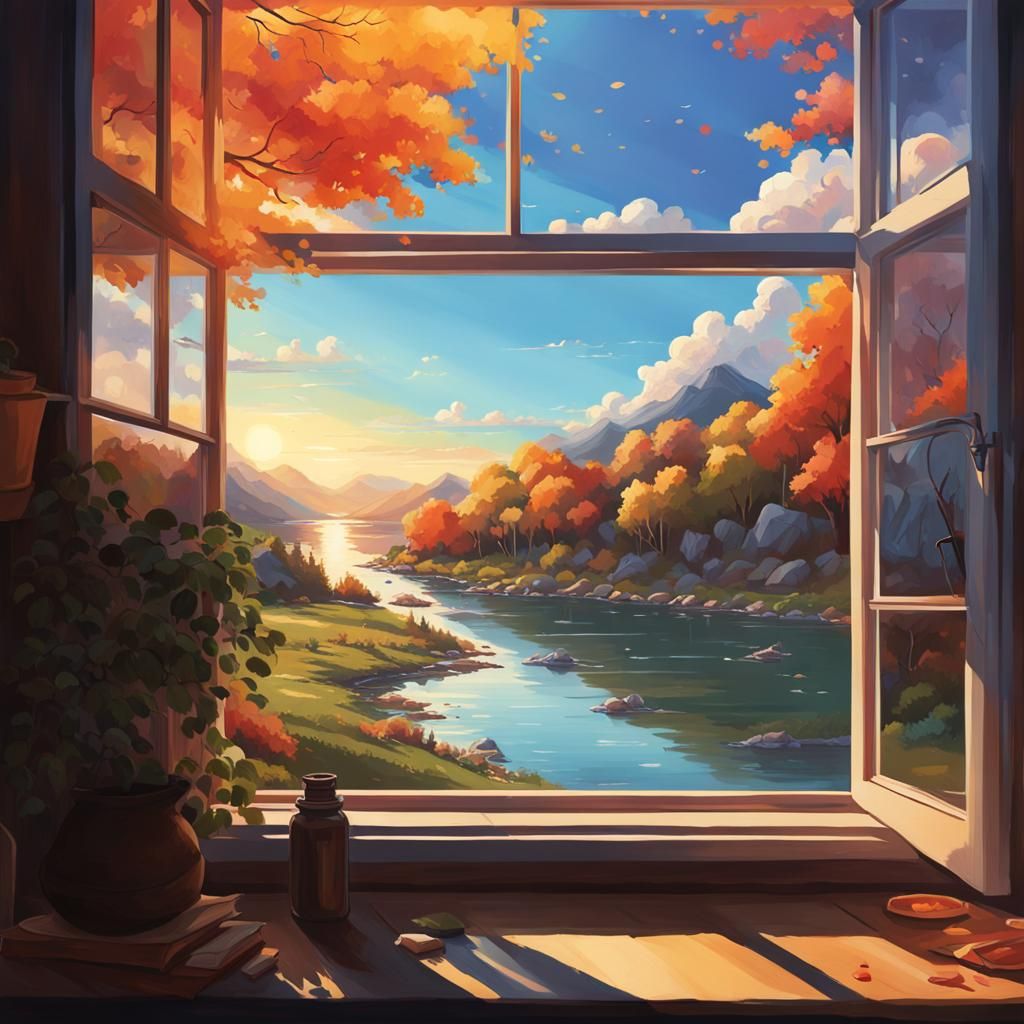 Hyperrealistic Window View: A Colorful Escape