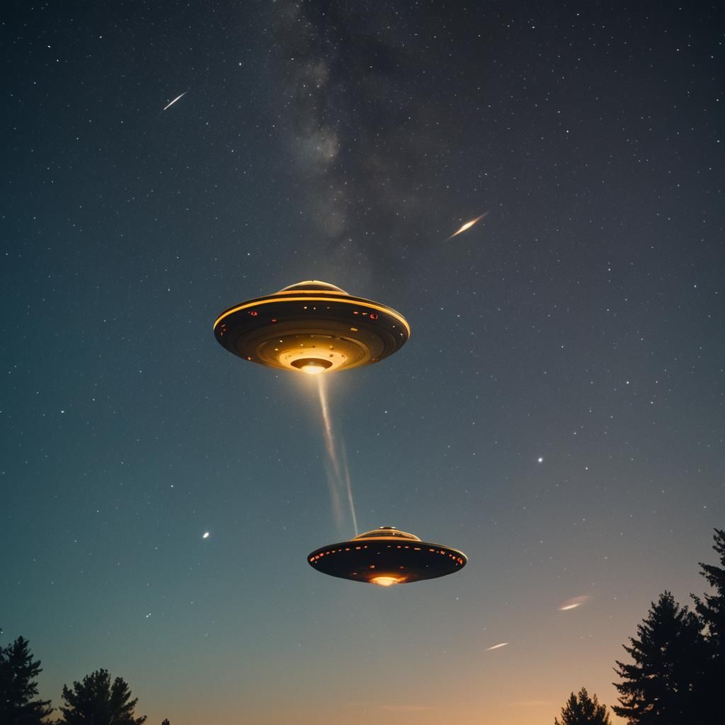UFOs Soaring Through Starry Night Sky: Cinematic Film Still