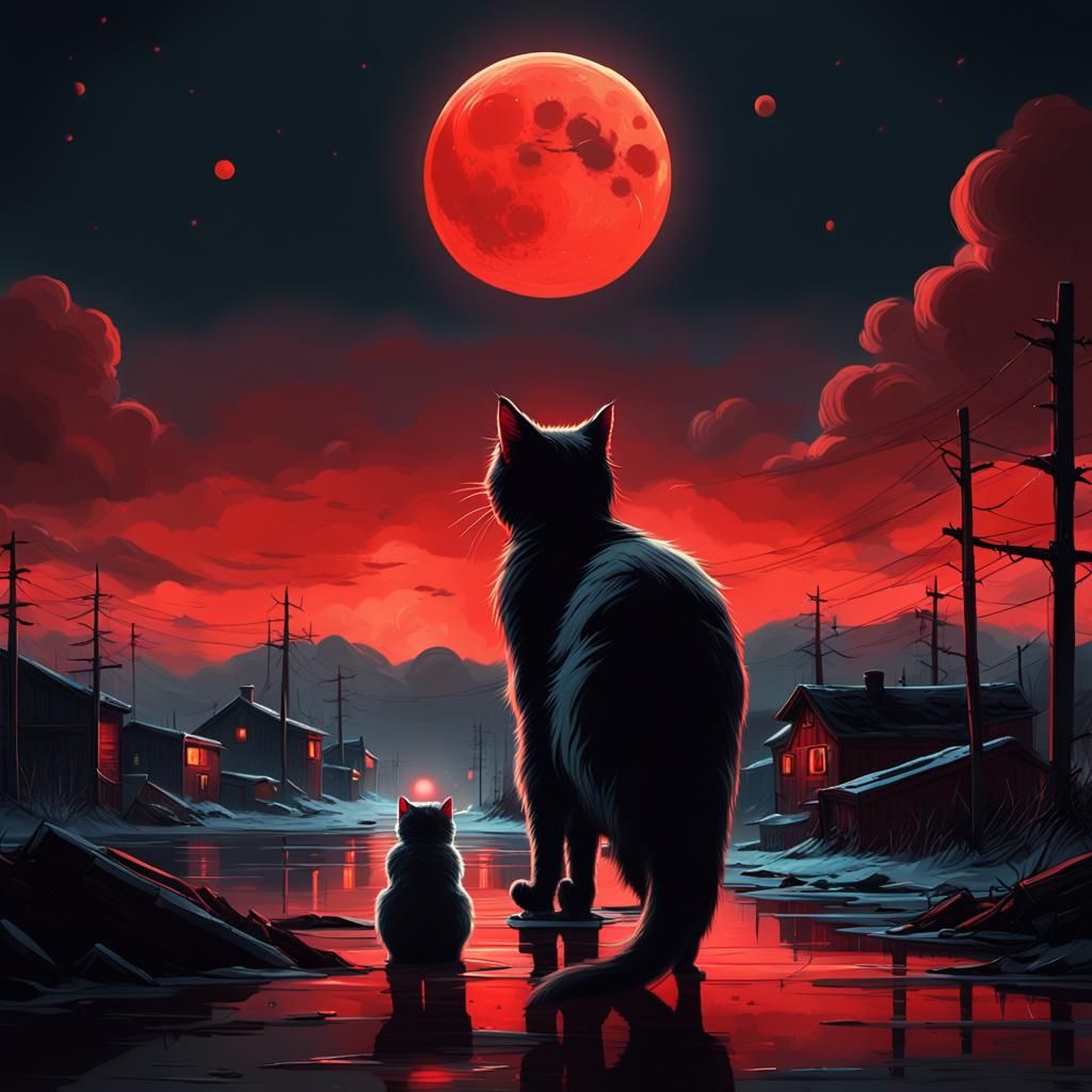 Cat Gazing at Red Moon in Night Sky