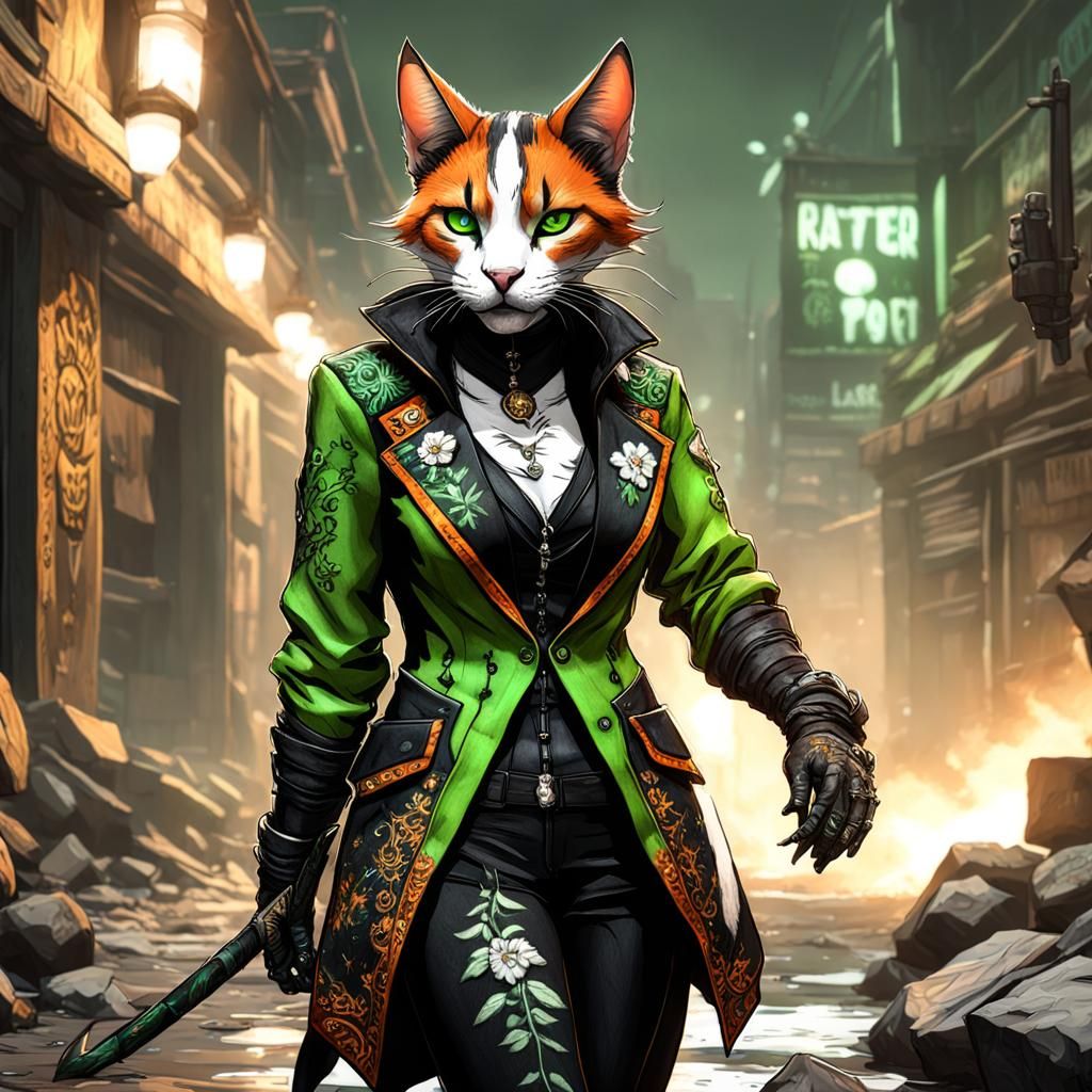 Badass Calico Tabaxi Rogue in Dark Fantasy Style