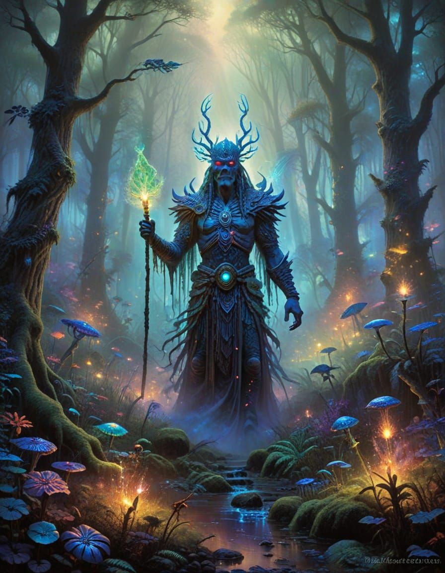 Psychedelic Shaman Guiding Souls Through Alien Forest