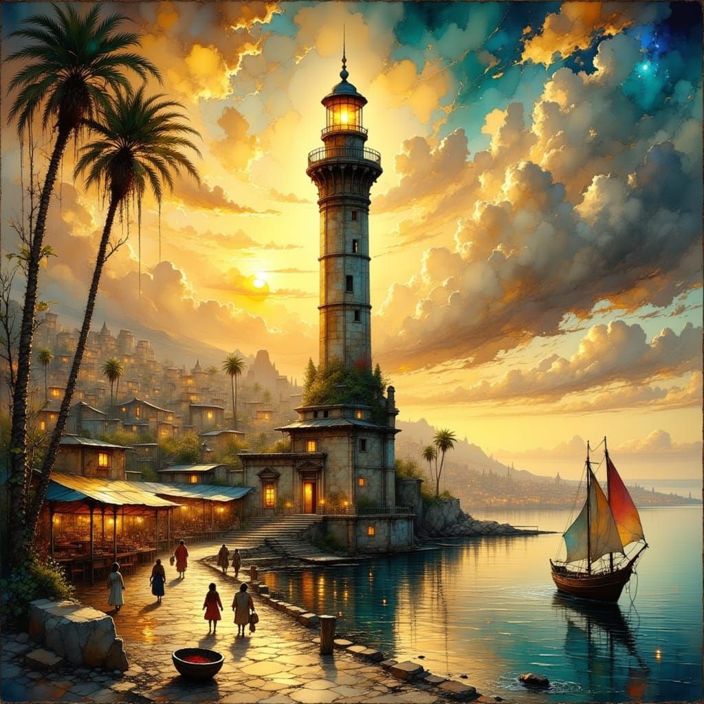 Lighthouse of Alexandria at Sunset, Vintage Engraving