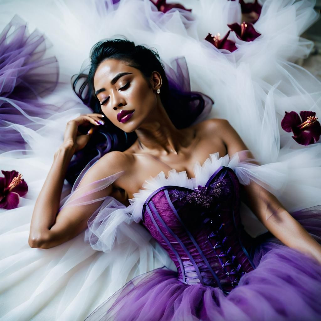 Woman in Violet Tulle Dress with Hibiscus Flowers