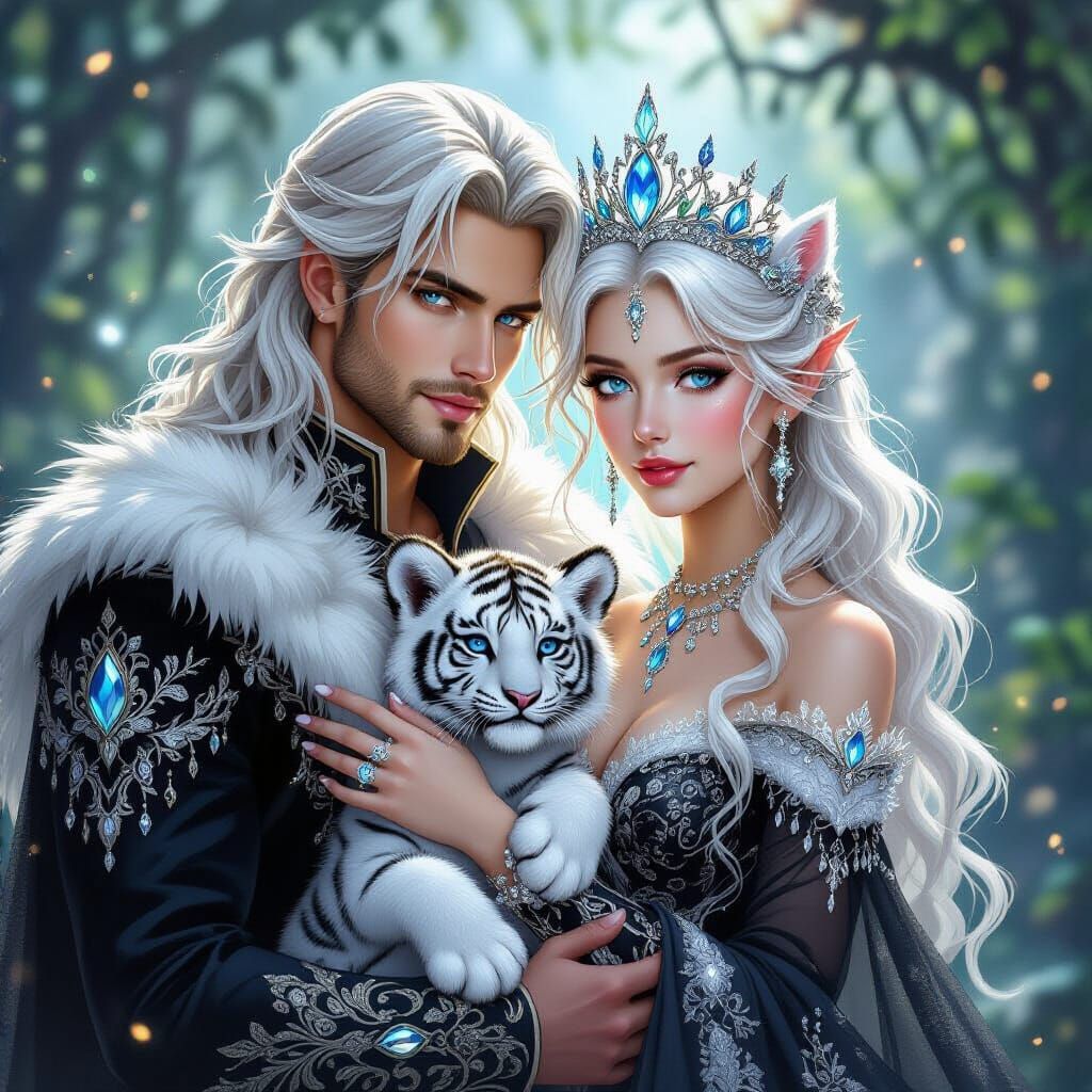 Fantasy Prince and Princess with White Tiger Cub