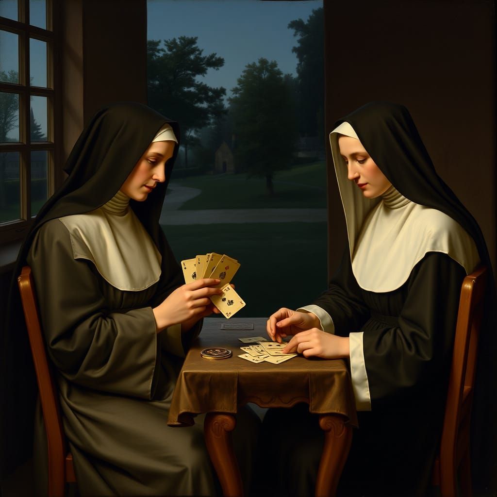 Two nuns on a cozy summer evening in the convent, sitting playing a spirited game of cards, holding multiple cards in th...
