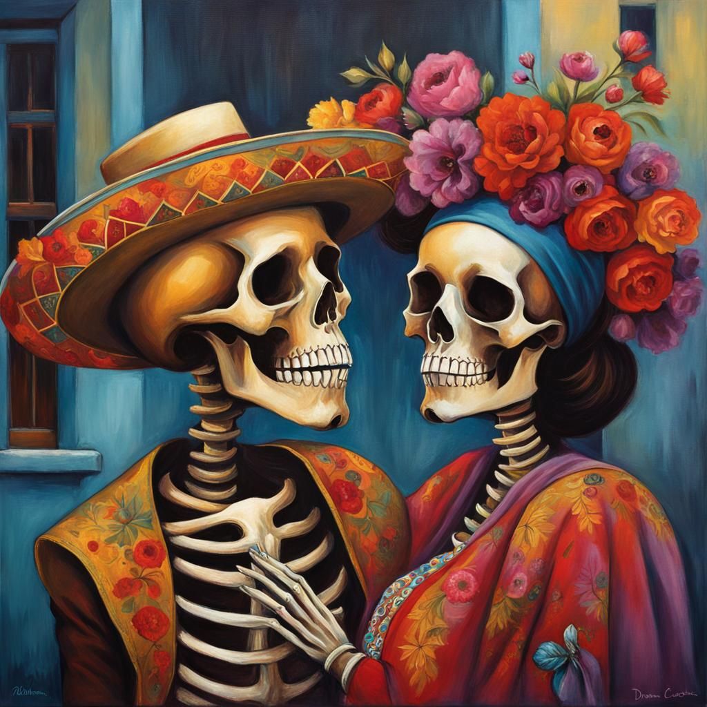 Festive Mexican Skeletons Embrace in Street Scene