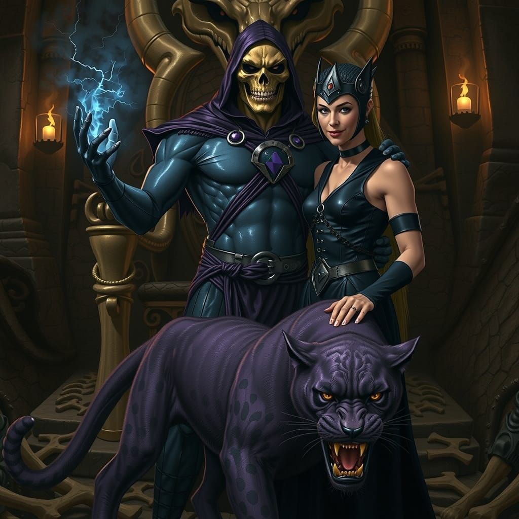Skeletor on Bone Throne With Evil-Lyn and Panthor