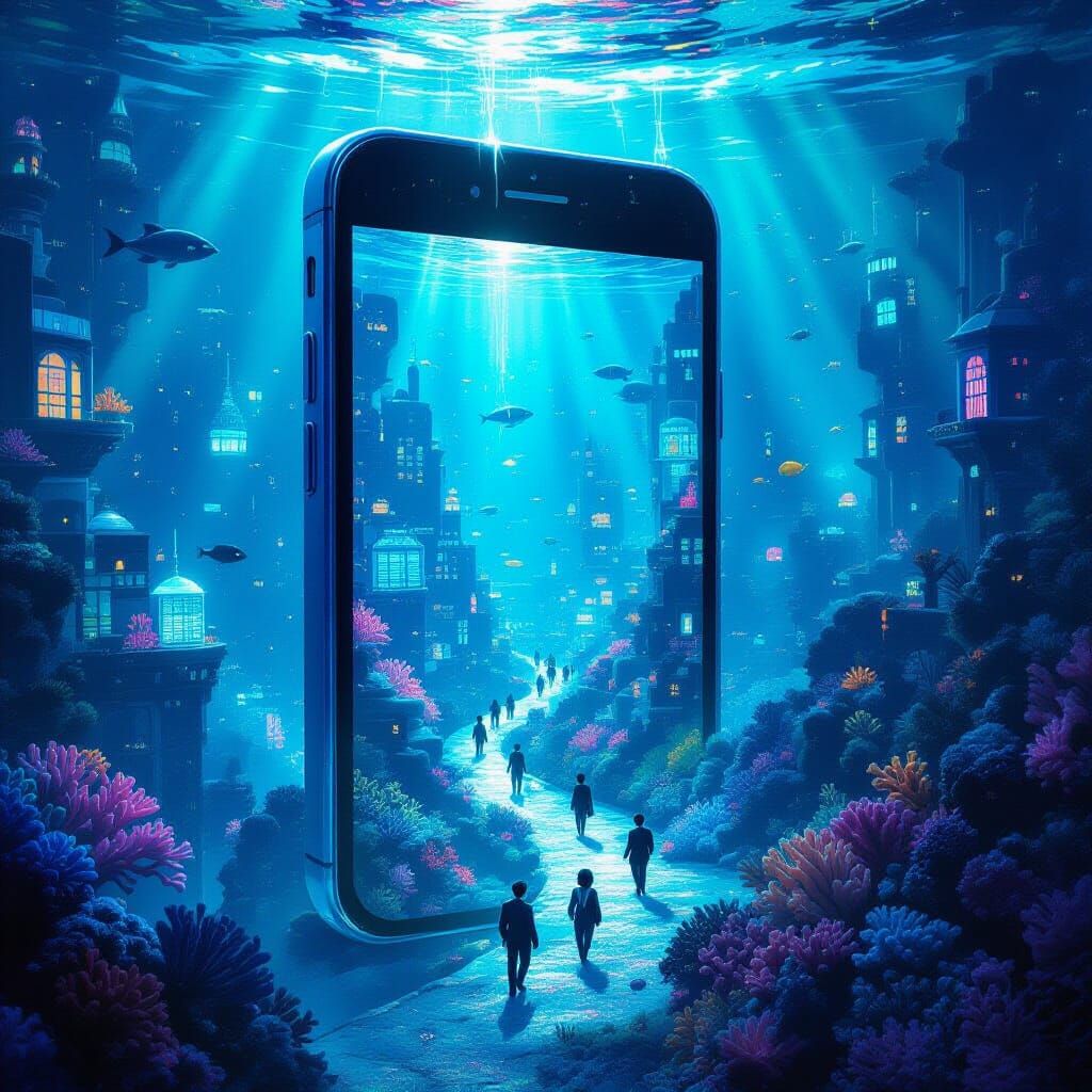 Underwater City Inside Giant Cell Phone