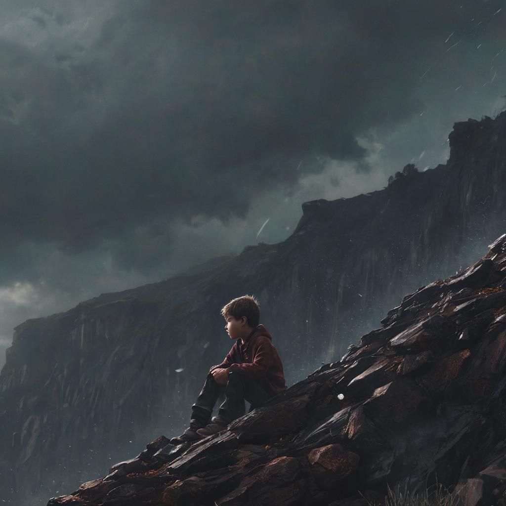 Boy on Windswept Cliff in Dramatic Digital Painting