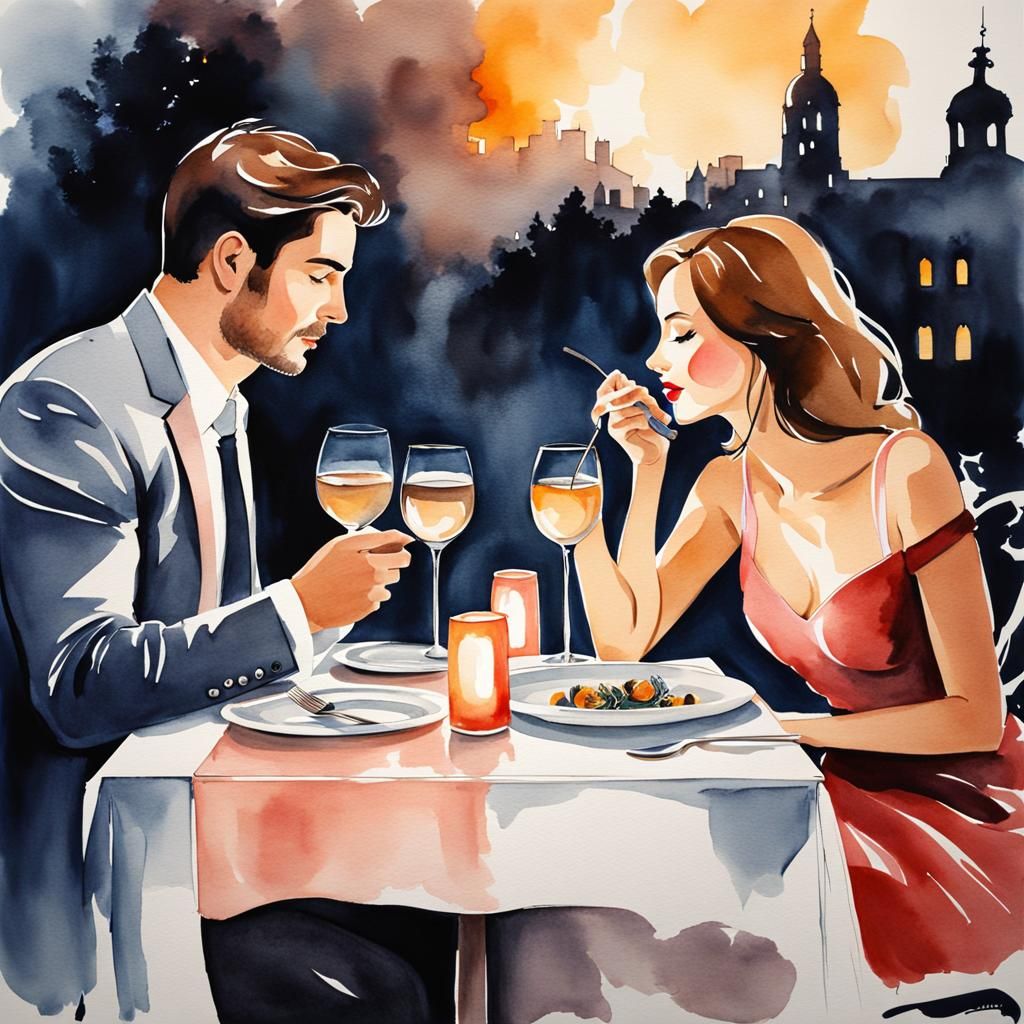 Romantic Candlelit Dinner: Modern Watercolor Painting