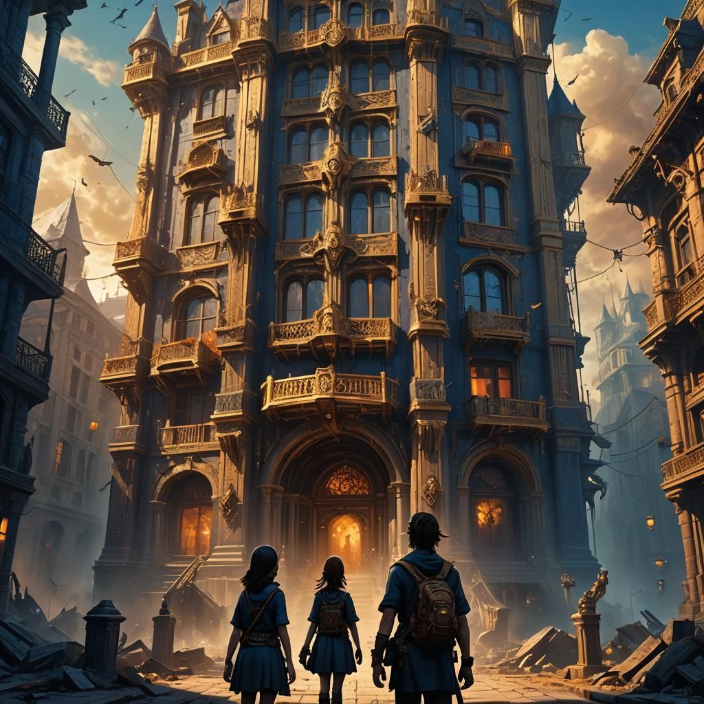 Fantasy Art: Girl and Boy Before Horror Building