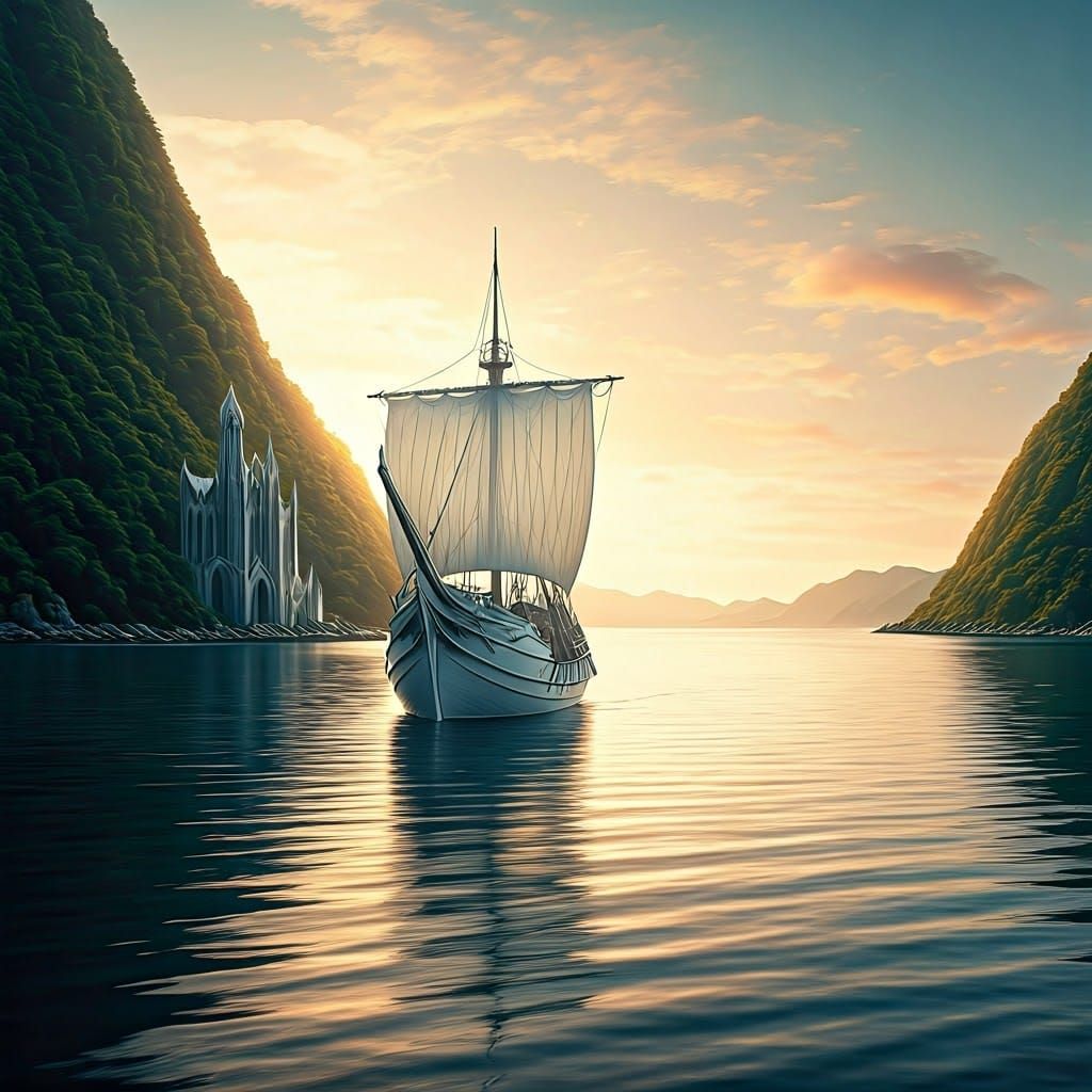 Elven Ship Departs Grey Havens at Sunset