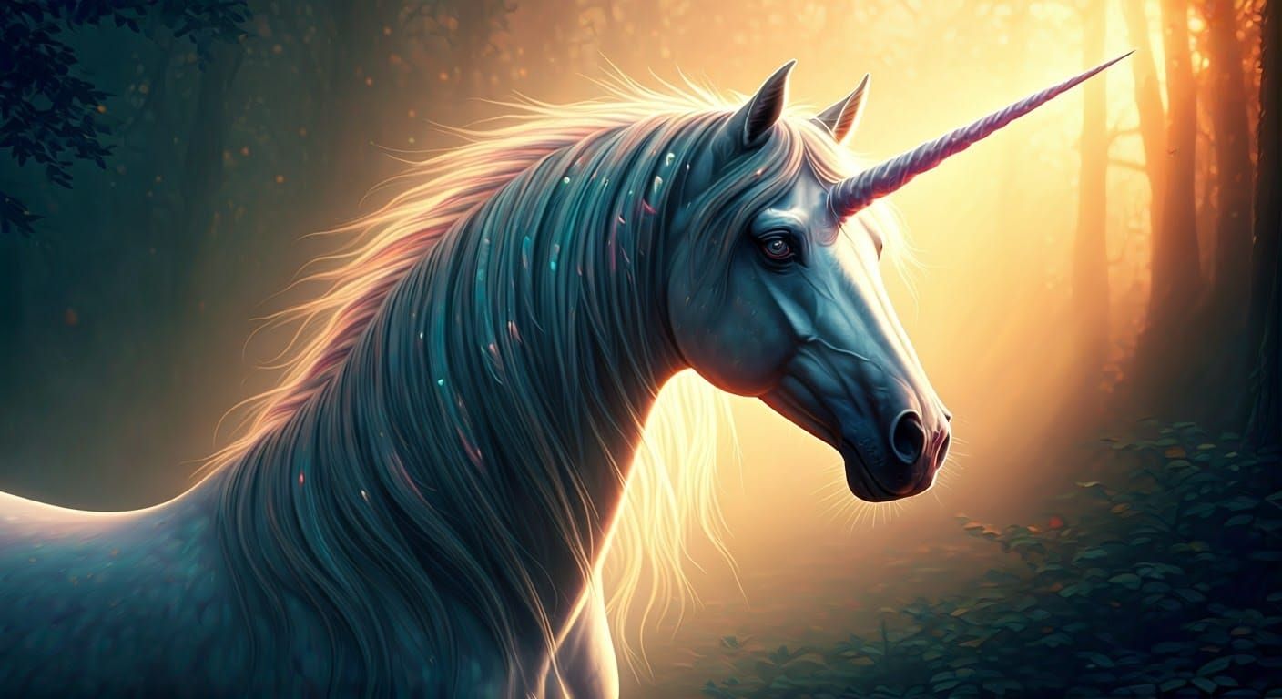 Ethereal Unicorn in a Golden-Lit Forest