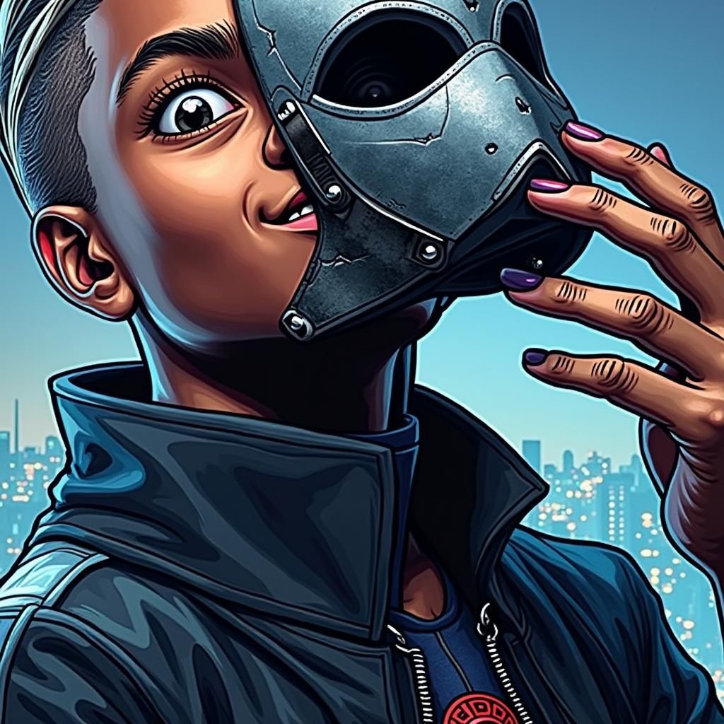 Teenager with Mask in Futuristic Neon Cityscape