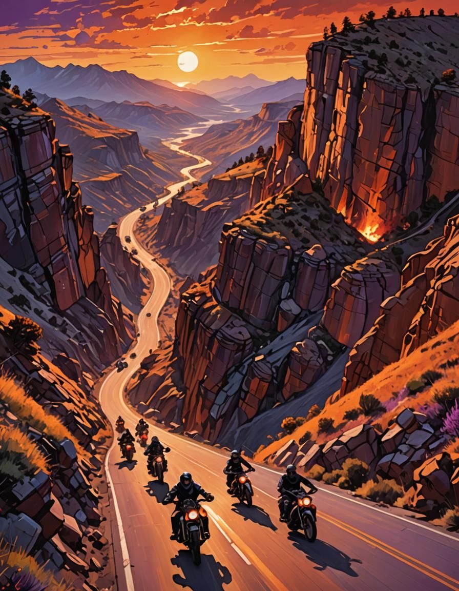 Bikers Ride into Fiery Sunset: Digital Poster Art