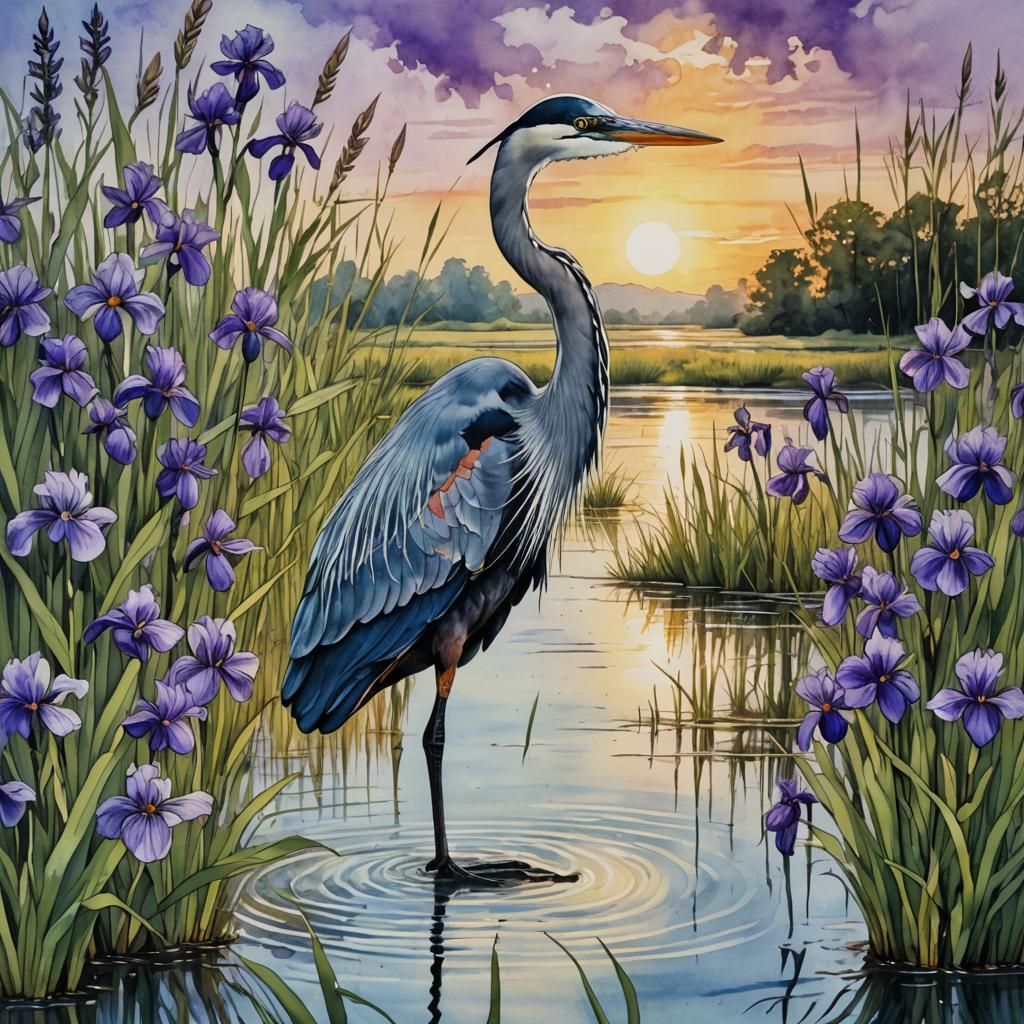 Blue Heron Among Irises in Alcohol Ink Style