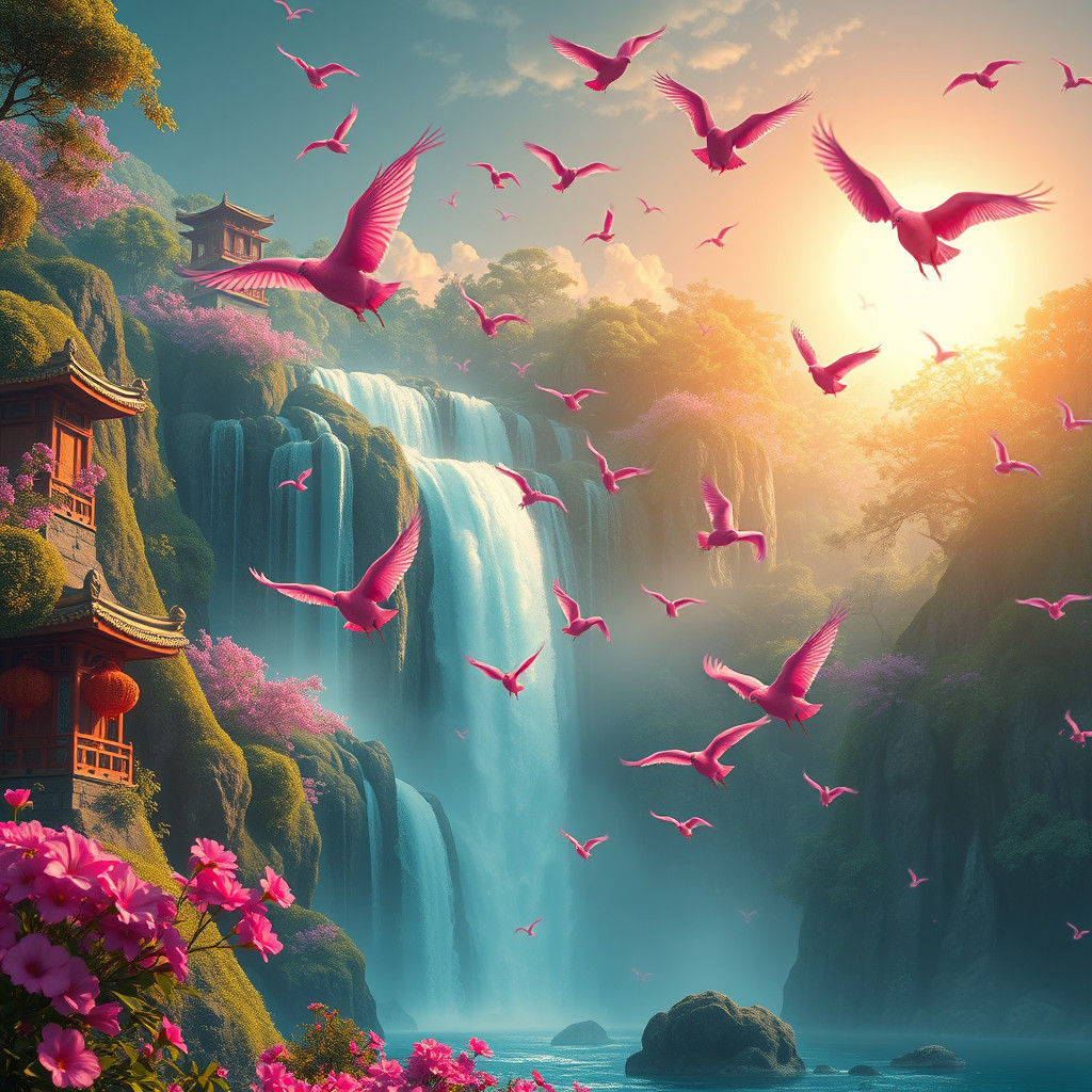 Turquoise Waterfall with Pink Birds, Matte Painting