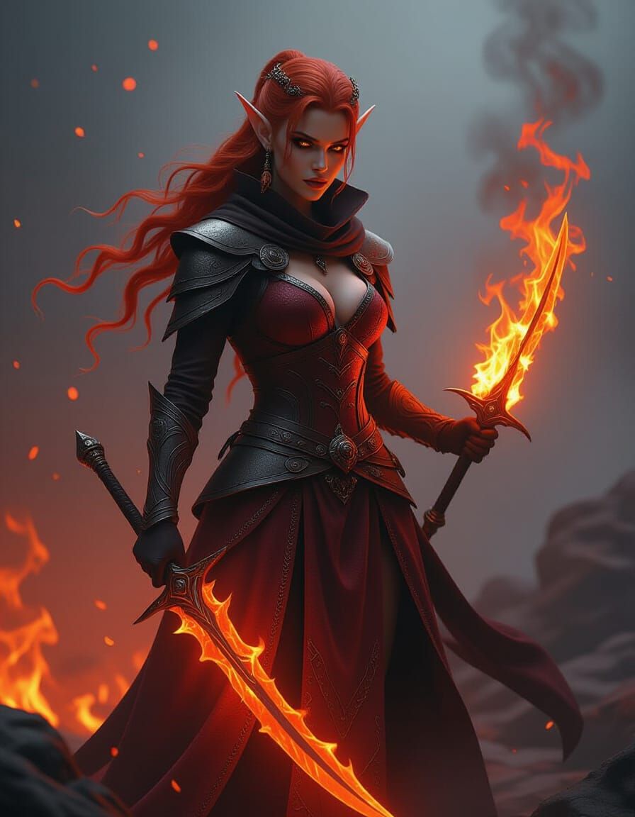 Photorealistic Fire Elf Wielding Molten Blades