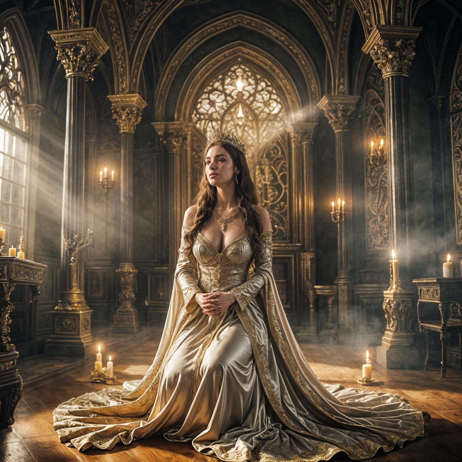 Defiant Curvy Woman in Gothic Room