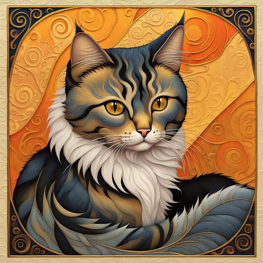 Golden Spiraled Cat in Art Nouveau Style