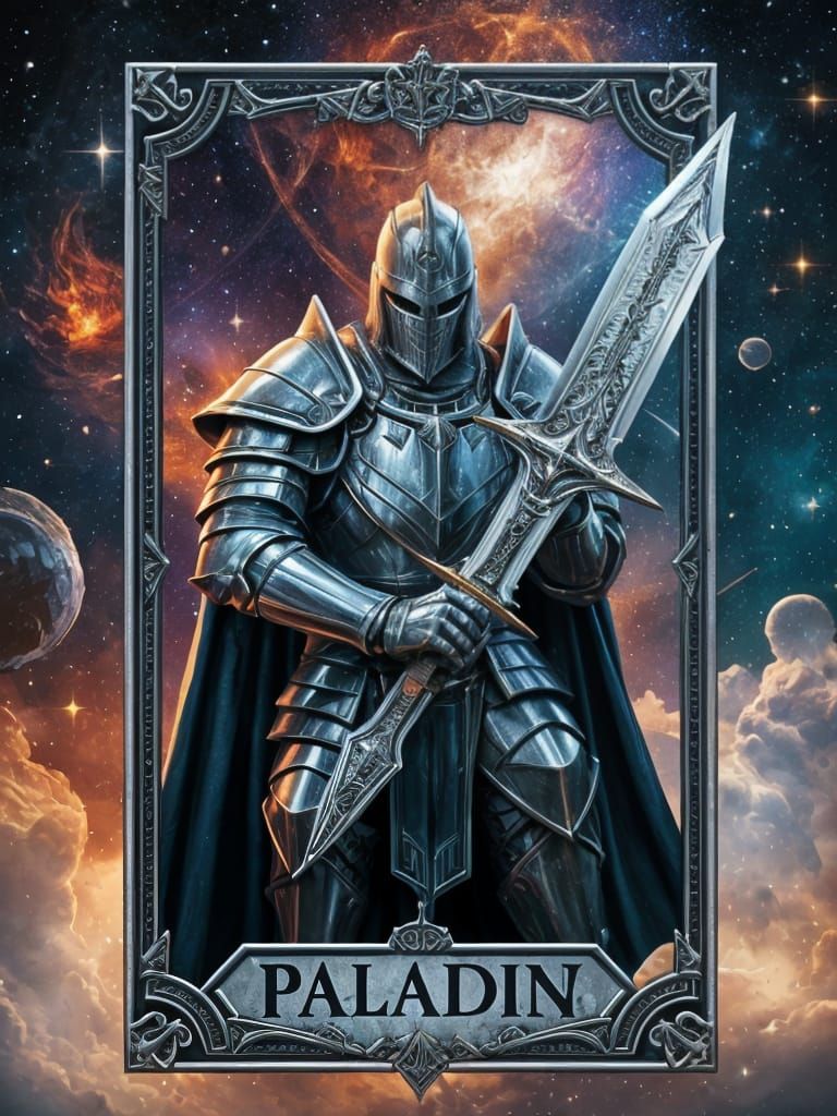 Paladin Tarot Card with Armored Knight in Nebula