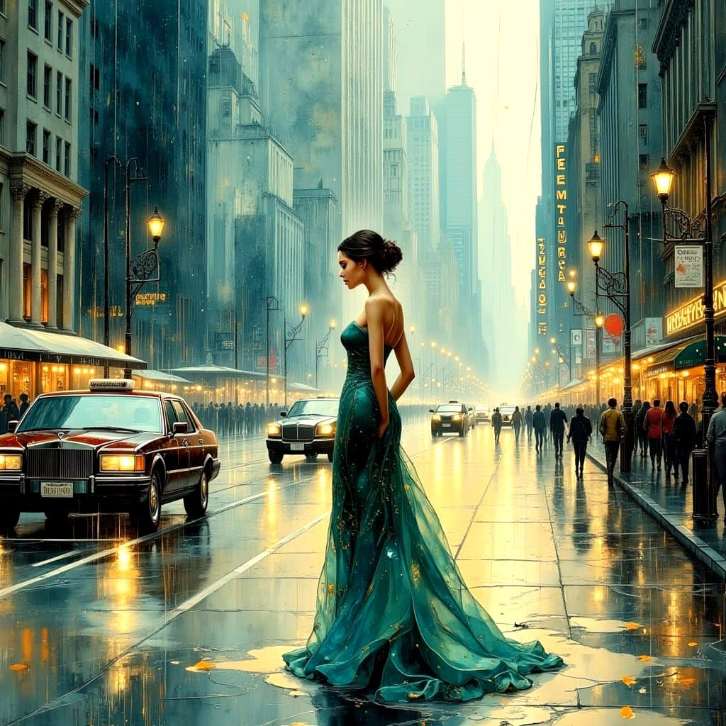 Opulent Cityscape in Watercolor with Gold Accents