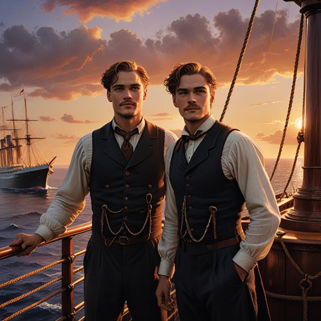 Romantic Titanic Scene with Two Men, Hyper-realistic