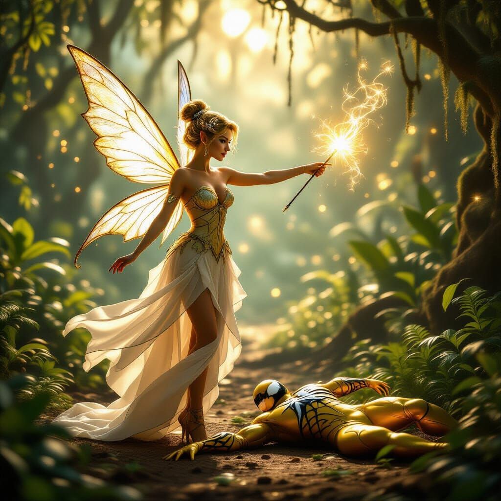 Fairy in Magical Jungle Holding Glowing Wand