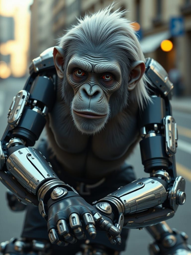 Cyborg Ape with Glowing Eye, Hyperrealistic Sci-Fi Art