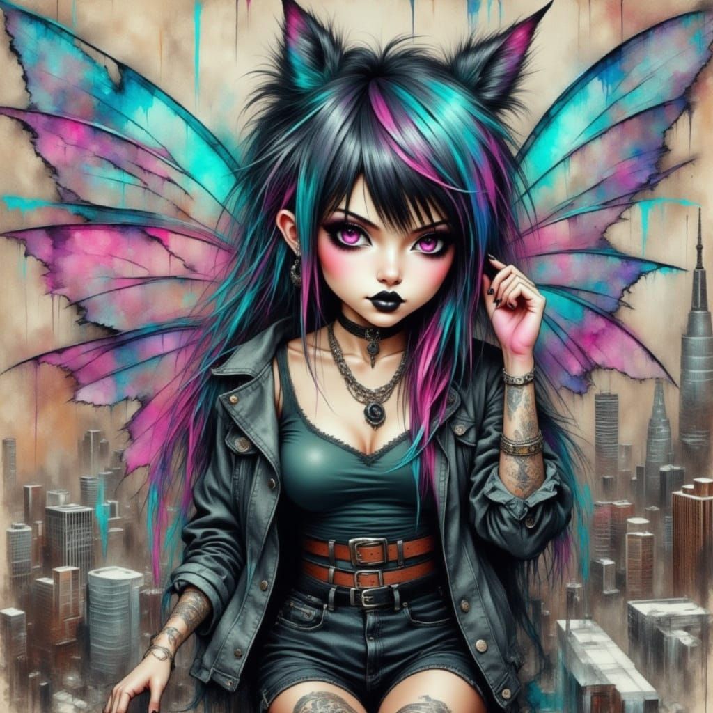 Neon Punk Fairy Watching City Below