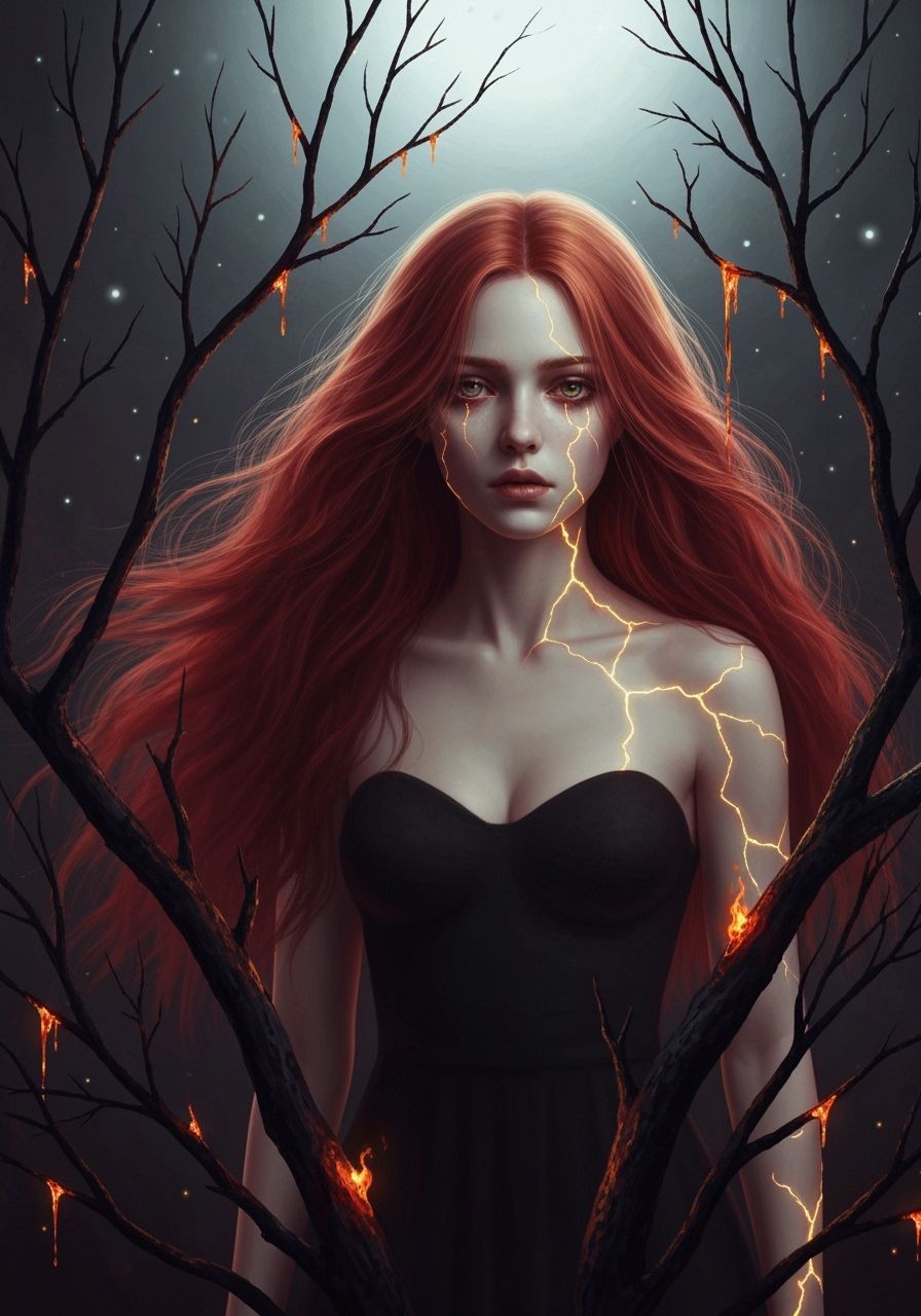 Melancholy Woman with Glowing Cracks in Porcelain Skin