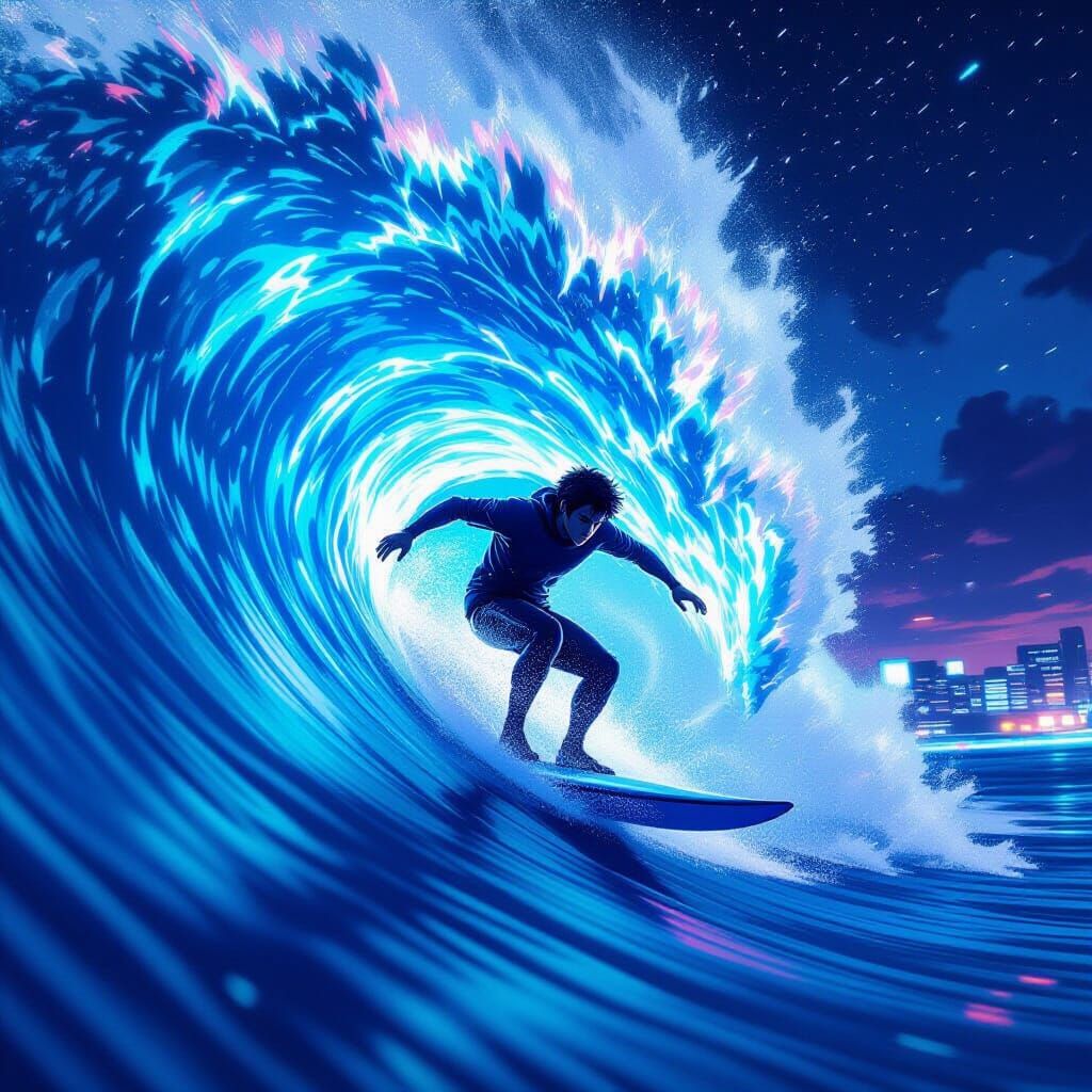 Cyberpunk Surfer Riding Neon Wave at Night