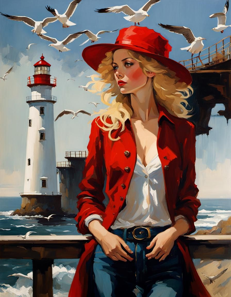 Blonde woman with red hat standing nearby a lighthouse, look...