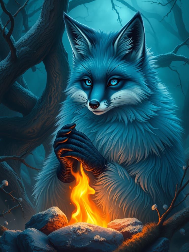 Majestic Blue Fox Warms Hands by Golden Fire