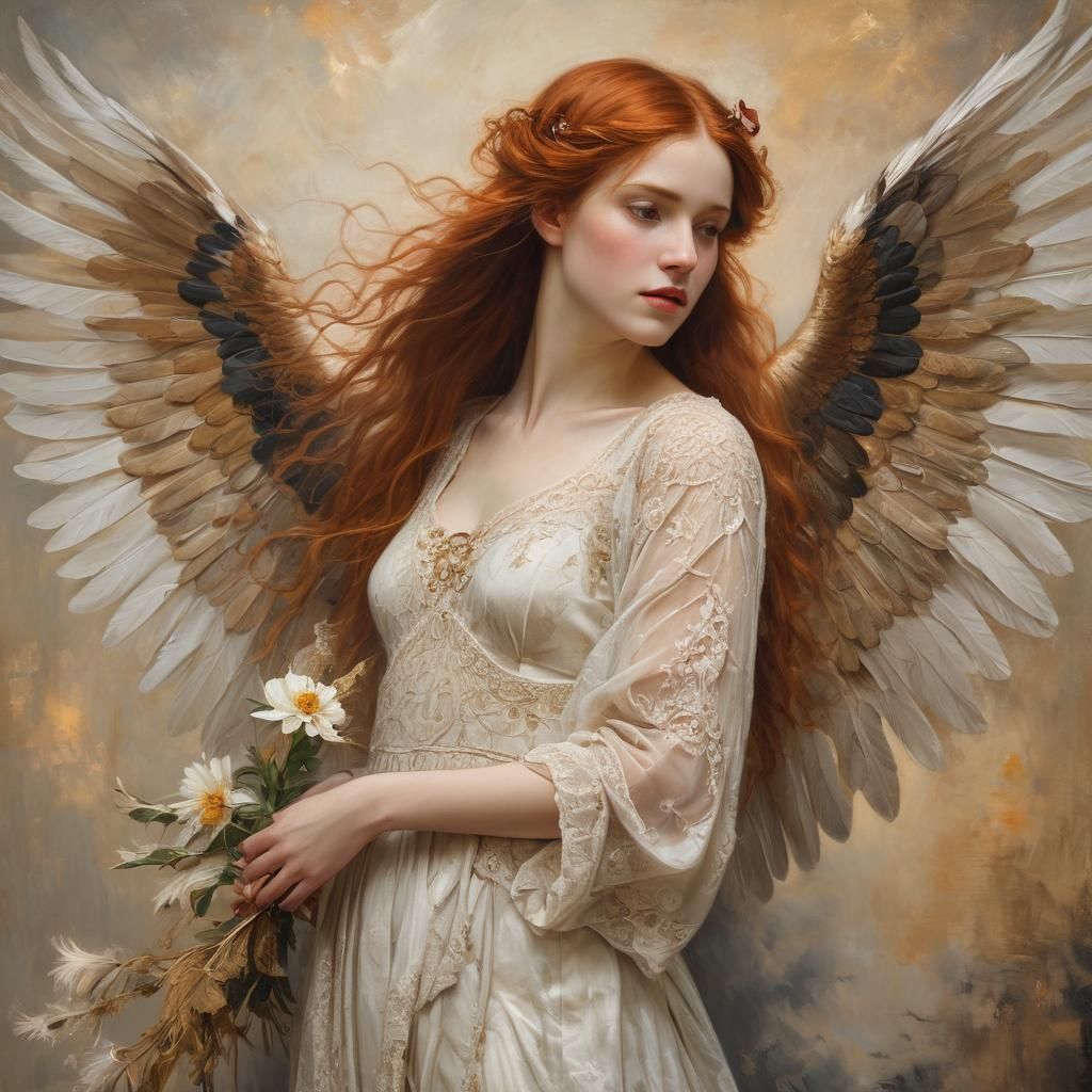 Red-Haired Angel with Black Wings, Oil on Canvas