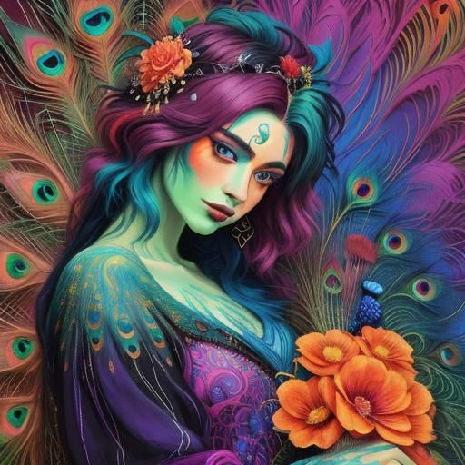 Rainbow Woman with Peacock Feathers in Fauvist Style