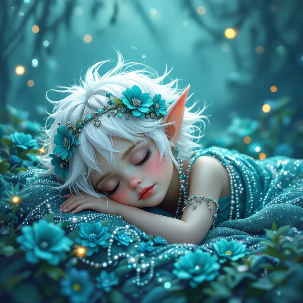 Adorable Pixie Sleeps on Flowers in Misty Fantasy Realm