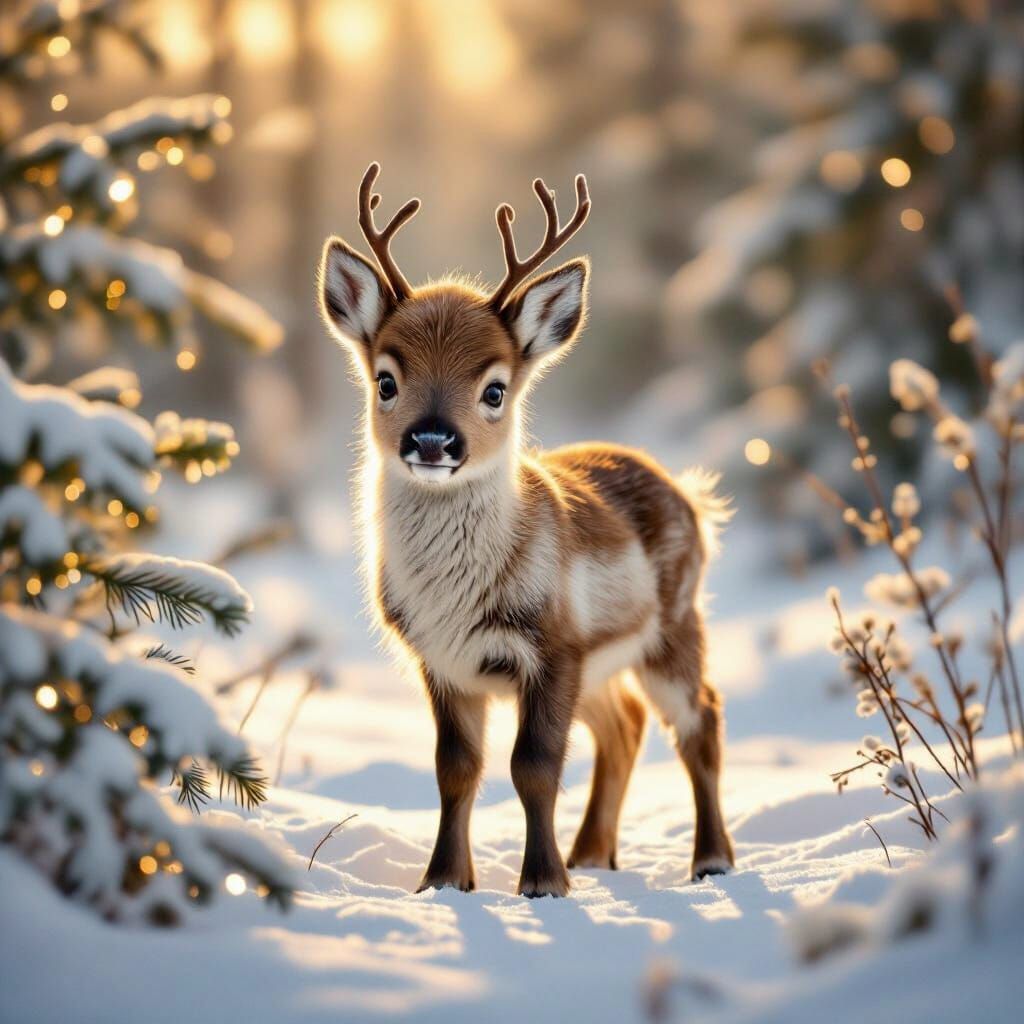 Adorable Baby Reindeer in Snowy Forest