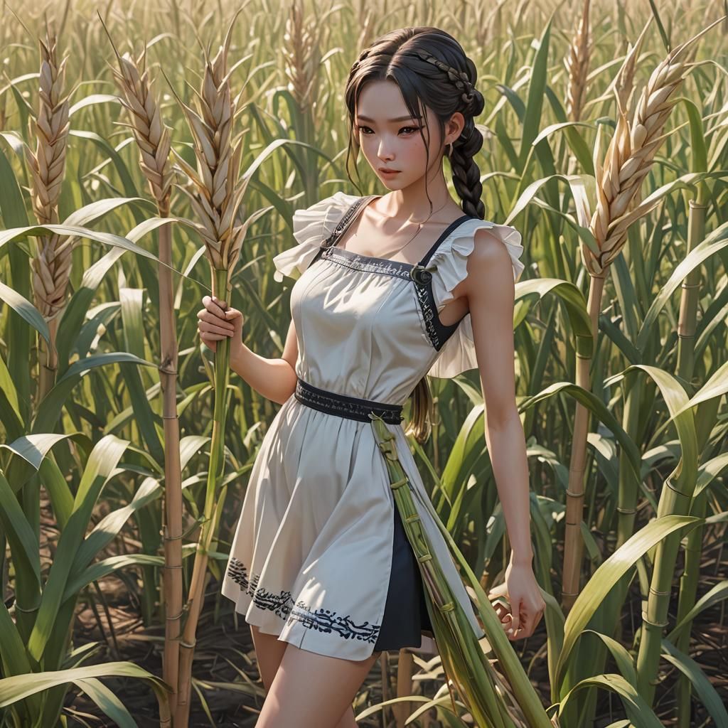 Korean Model Chopping Sugar Cane: Anime-Inspired 3D Art