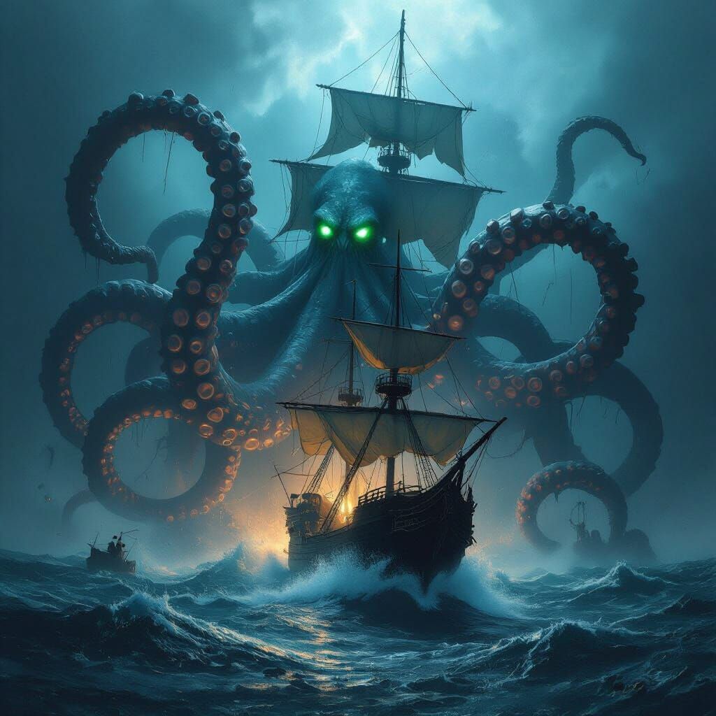 Colossal Kraken Devours Pirate Ship in Stormy Seas