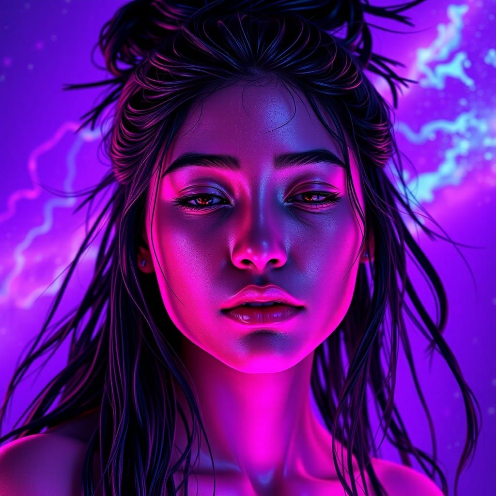 Ethereal Woman in Purple Cosmic Neon Expanse