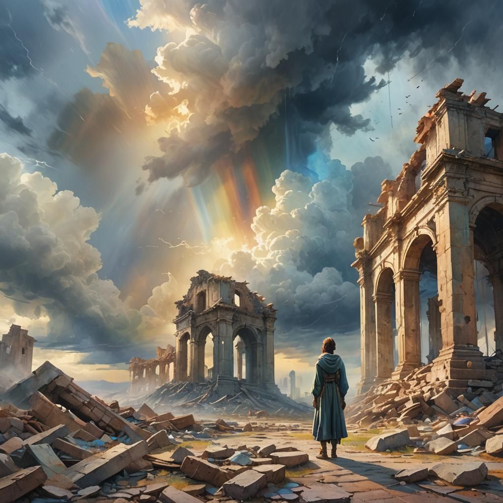 Ethereal Figure in Ruins: Watercolor Digital Art