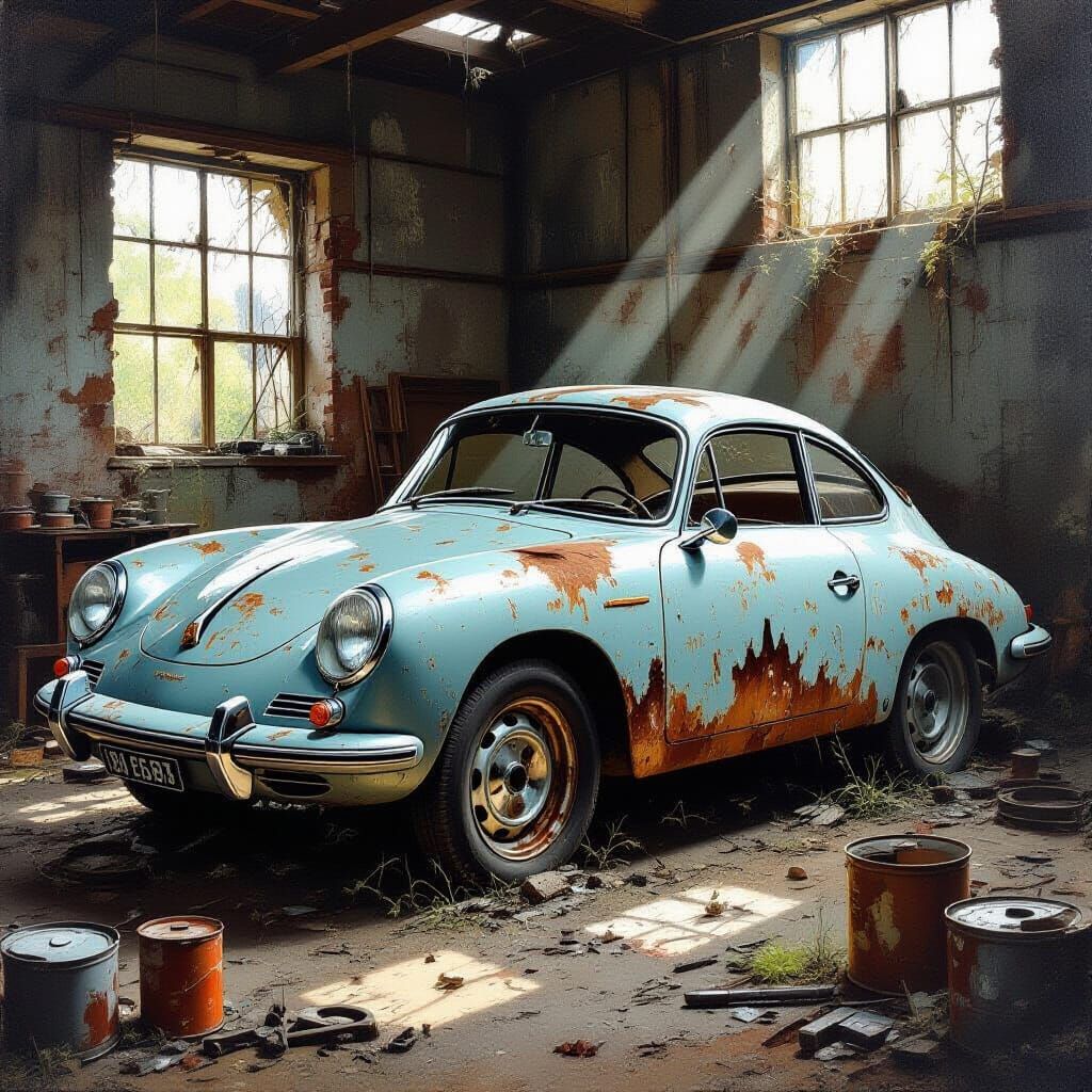 Rusted Porsche-Fiat Hybrid in Dusty Workshop Oil Painting