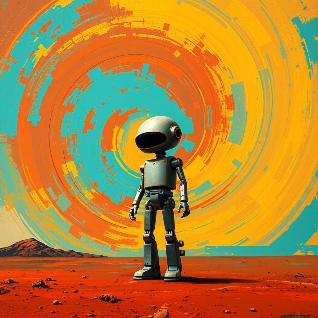 Mars Landscape Robot in Vibrant, Expressionist Style