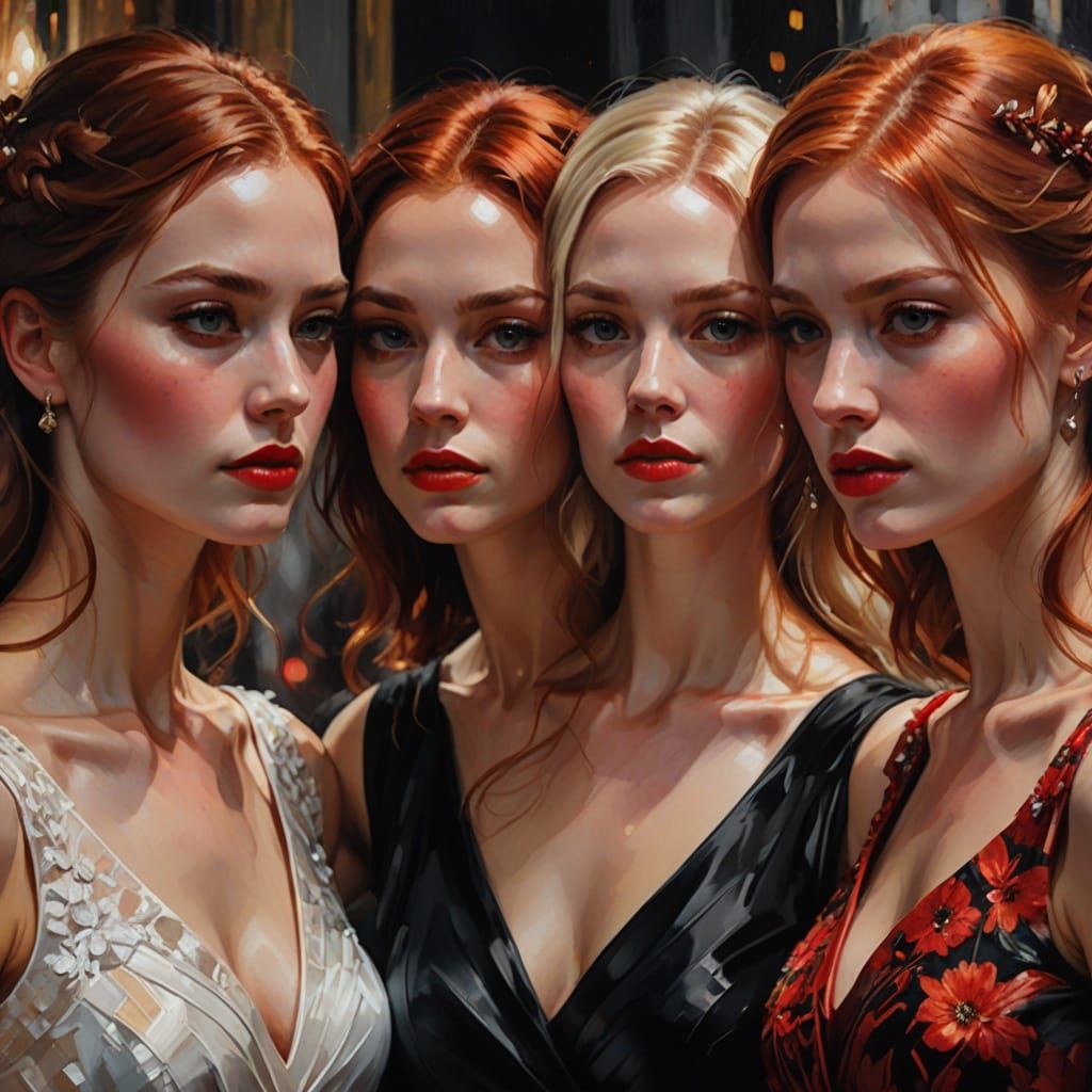 Three Women in Red, White, and Black: Oil Painting